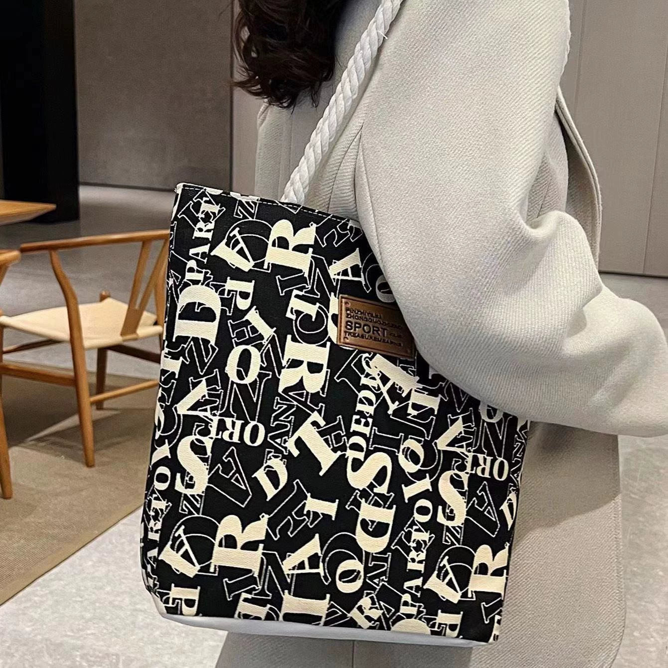 Letter Print Canvas Tote Bag  Effortless Style for Everyday Carry