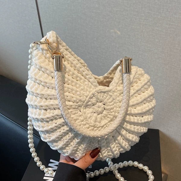 Handmade Woven Shell Handbag with Pearl Chain Strap