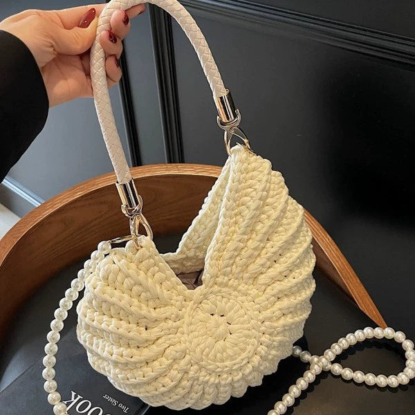 Handmade Woven Shell Handbag with Pearl Chain Strap