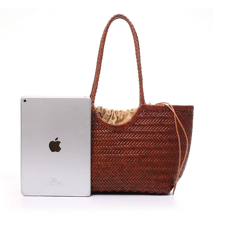 Handmade Woven Genuine Leather Basket Tote Bag