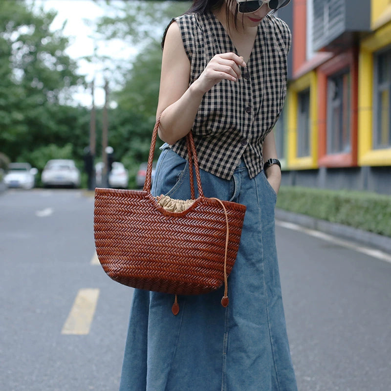 Handmade Woven Genuine Leather Basket Tote Bag