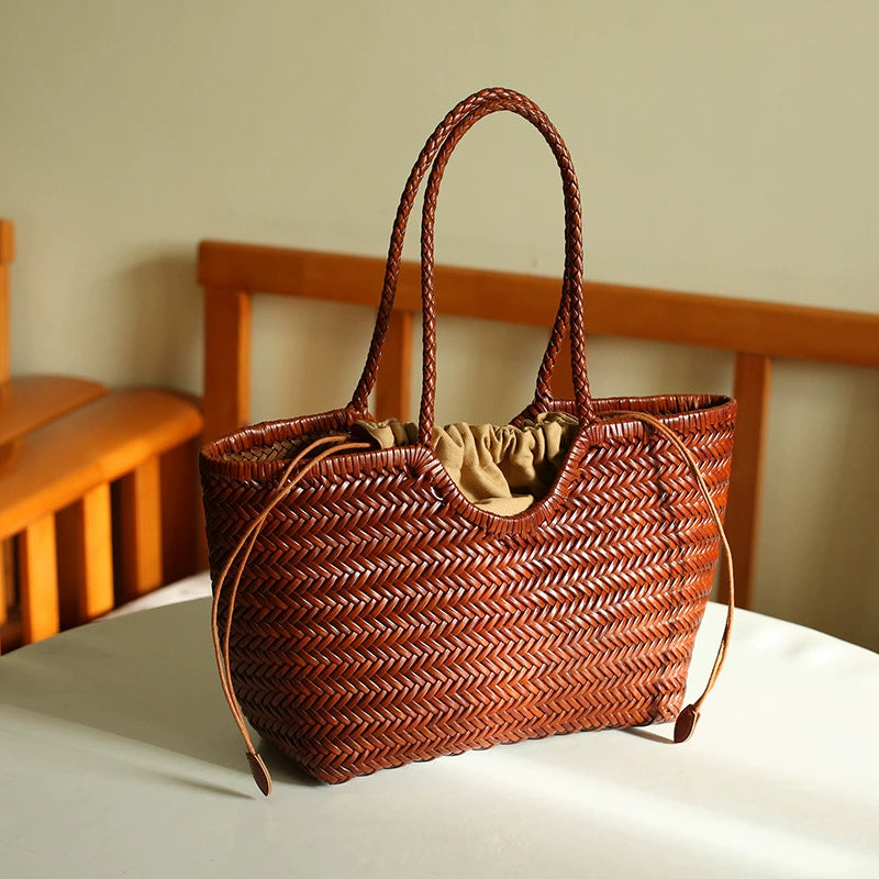 Handmade Woven Genuine Leather Basket Tote Bag