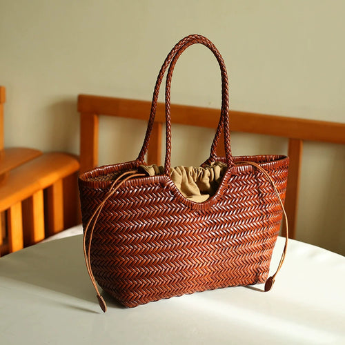 Handmade Woven Genuine Leather Basket Tote Bag