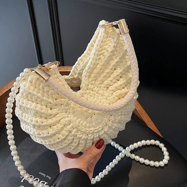 Handmade Woven Shell Handbag with Pearl Chain Strap